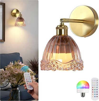 Vintage Battery Operated Wall Sconce with Amber Flower Crown Glass Lampshade Rechargeable Battery Powered Wall Light with Remote Control for Bedside Bedroom Bathroom, Set of 1