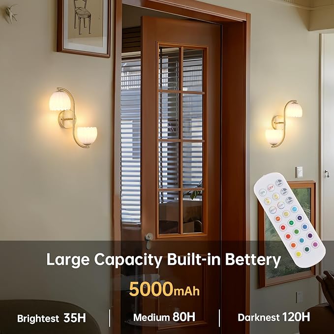 Battery Operated Wall Sconce, 2-Lights Vinatge Brass Wall Lighting Up and Down with White Tulip Shade for Living Room, Bedroom, Symmetrical 2 Pack