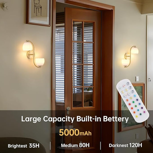 Battery Operated Wall Sconce, 2-Lights Vinatge Brass Wall Lighting Up and Down with White Tulip Shade for Living Room, Bedroom, Symmetrical 2 Pack