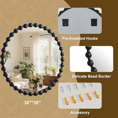 Round Mirror for Wall, 36 Inch Black Beaded Frame Decorative Vanity Mirror, Circle Bathroom Mirror with High-Definition Lense, Modern Wall Decor for Bathroom, Living Room, Bedroom, Entryway