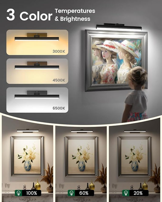 Bridika Picture Lights for Wall Battery Operated with Remote, 3 Color Modes and Dimmable Rechargeable Art Lights for Paintings, Gallery, Bedroom, Bathroom with Timer Black 2