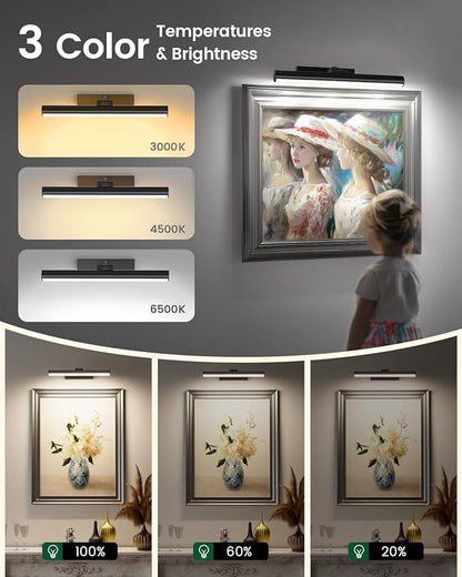Bridika Picture Lights for Wall Battery Operated with Remote, 3 Color Modes and Dimmable Rechargeable Art Lights for Paintings, Gallery, Bedroom, Bathroom with Timer Black 1