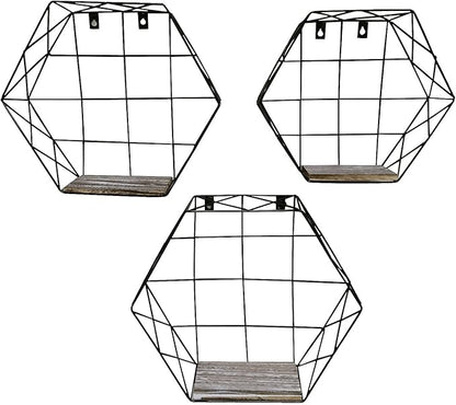 Admired by Nature 3pcs Hanging Shelves, Accent Wall Shelf, Hexagon Shelves, Wall Storage Shelves, Display Shelf, Wire Decorative Floating Shelves, Geometric Wall Decor for Home Décor, Black