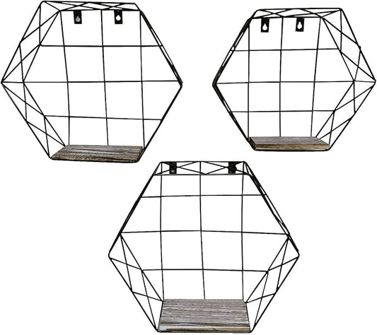 Admired by Nature 3pcs Hanging Shelves, Accent Wall Shelf, Hexagon Shelves, Wall Storage Shelves, Display Shelf, Wire Decorative Floating Shelves, Geometric Wall Decor for Home Décor, Black