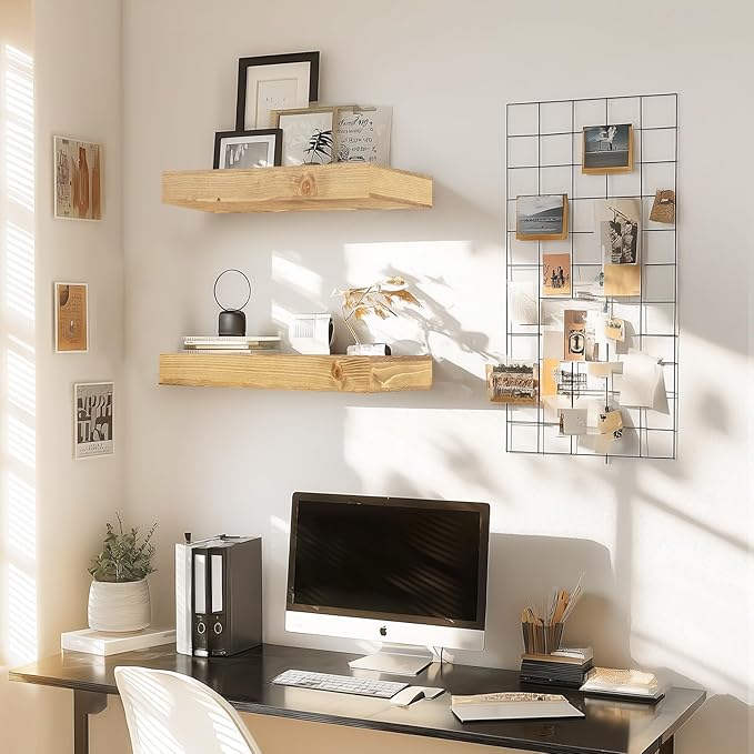 17x6.8x2 Inch Rustic Floating Shelves for Wall Set of 2 - Oak Solid Wood Wall Mounted Shelves with Invisible Bracket, Compact Design for Farmhouse Living Room Bedroom Kitchen Decor