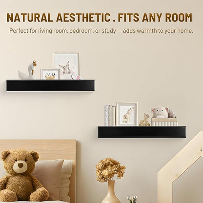 24 Inch Picture Ledge Shelf with Lip,Floating Shelves for Wall, Set of 2 Solid Pine Wood Shelves with Invisible Brackets, Wall Storage for Living Room, Bedroom, Kitchen, Bathroom(Black)