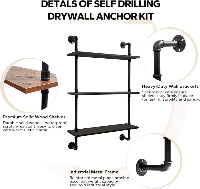 3-Tier Industrial Pipe Floating Shelf – Rustic 36 inch Wood Wall-Mounted Storage Shelf for Kitchen Office,Bathroom & Home Decor -Black