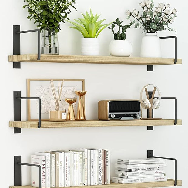 Floating Shelves, 24 Inches, Easy to Install, Wall Mounted, Set of 3, Rustic Wood for Décor, Storage for Living Room, Bathroom, Bedroom