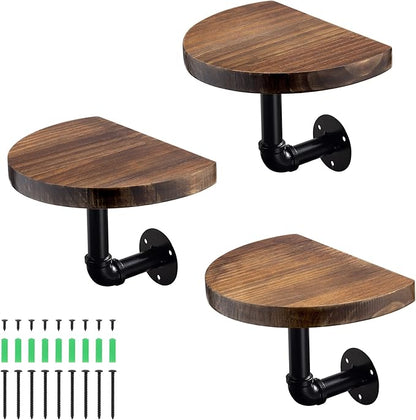 Navaris Industrial Pipe Shelf Set - 3 Small Rounded Wood Shelves with Shelf Brackets - 7.9" x 5.9" Wall-Mounted Wooden Shelving - Size S, Dark Brown