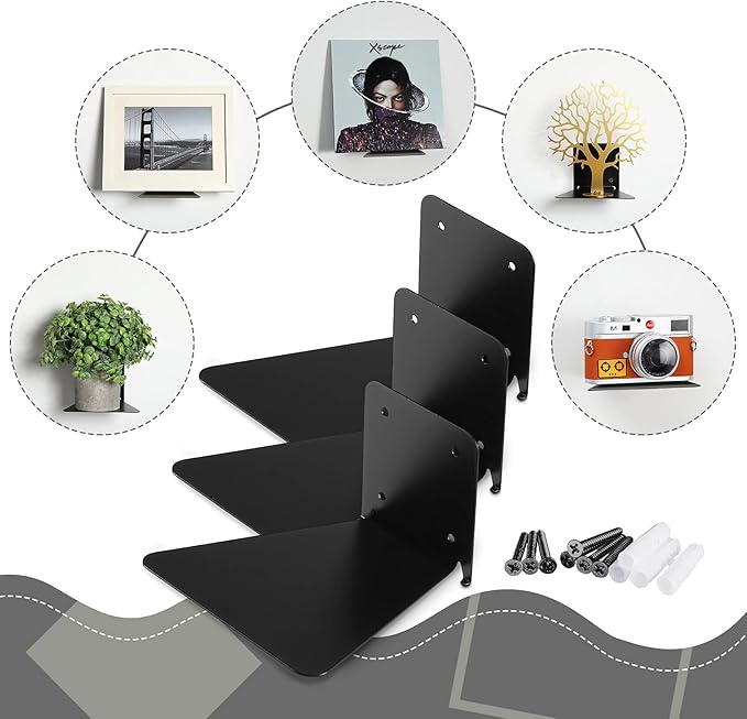 Jetec 6 Pack Invisible Floating Bookshelf Wall Mounted Floating Bookshelves Heavy Duty Book Organizers Hidden Book Shelf Metal Shelves Holder for Books Bedroom Living Room Home Office (Black)