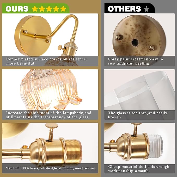 Vintage Battery Operated Wall Sconces Set of 2, Rechargeable Gold Wall Lamp with Remote Control, Amber Glass Lampshade Cordless Wall Sconce Fixtures for Bedroom, Living Room, Bedside