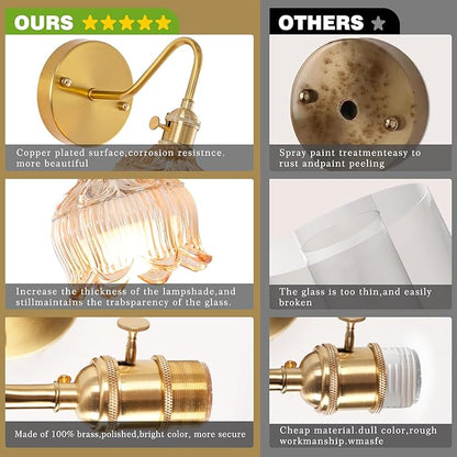 Vintage Battery Operated Wall Sconces Set of 2, Rechargeable Gold Wall Lamp with Remote Control, Amber Glass Lampshade Cordless Wall Sconce Fixtures for Bedroom, Living Room, Bedside
