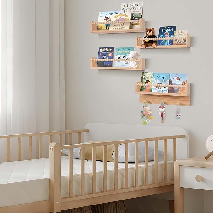 BOMID Wall Bookshelves,Set of 4 Natural Wood Floating Bookshelf,Nursery Shelves,Floating Book Shelves for Wall(Burlywood)