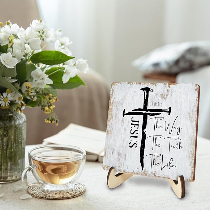 Inspirational Sign Rustic Desk Decor Decorative Christian Gifts Religious Bible Verse Motivational Decoration for Home Living Room Restaurant Office Table Shelf Tiered Tray Plaque with Wood Stand