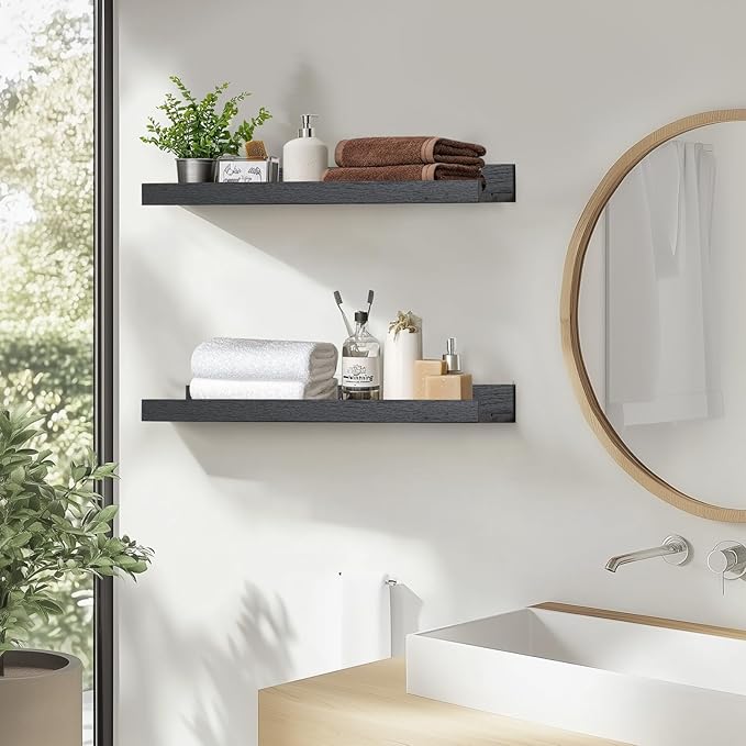 Muzilife 16" Floating Wall Ledge Shelves with Lip - Set of 2 Wood Floating Shelves - Widened Black Wall Mounted Picture Ledge for Office, Bathroom, Bedroom, Living Room, Kitchen