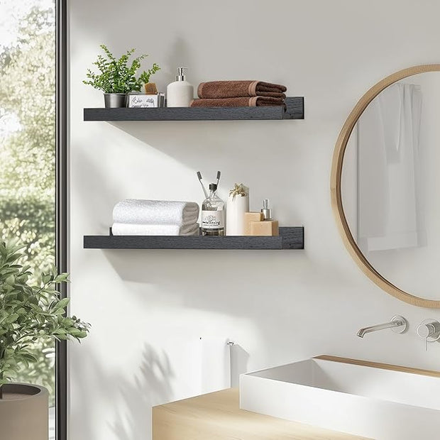 Muzilife 16" Floating Wall Ledge Shelves with Lip - Set of 2 Wood Floating Shelves - Widened Black Wall Mounted Picture Ledge for Office, Bathroom, Bedroom, Living Room, Kitchen