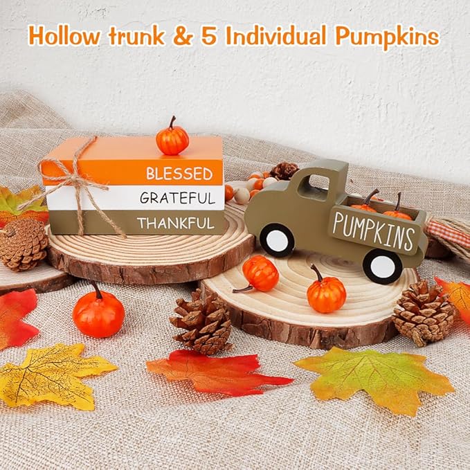 Fall Table Decor, Farmhouse Wooden Fall Signs with Book Stack, 3D Truck and 5 Individual Pumpkins for Tiered Tray, Coffee Bar, Shelf and Mantle Decor - Fall Decorations for Home