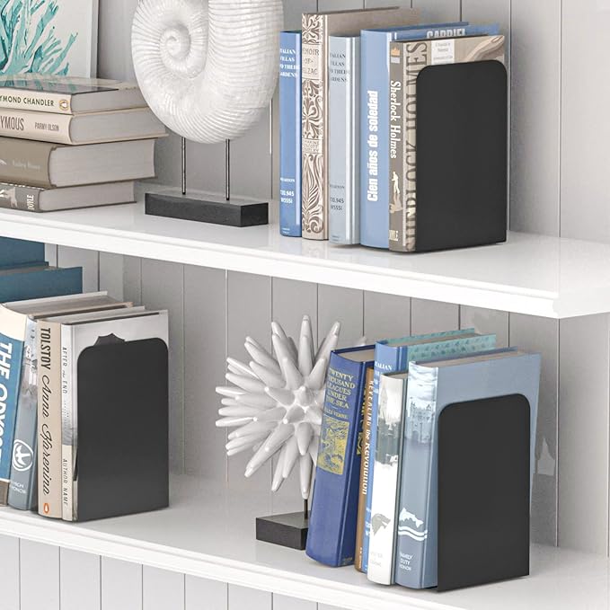 VFINE Bookends 1 Pair, Black Metal Book Ends, Heavy Bookends for Shelves, Book Stopper for Heavy Books, Book Organizer for Home Office School Supplies