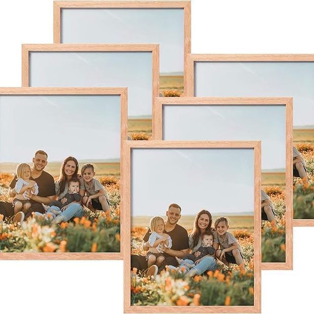 ATOBART 8x10 Set of 6 Oak Wood Picture Frame Solid Wooden Photo Frame Natural Wood Color Frames with Real Glass for Wall Mounting or Tabletop Living Room Bedroom Home Decor