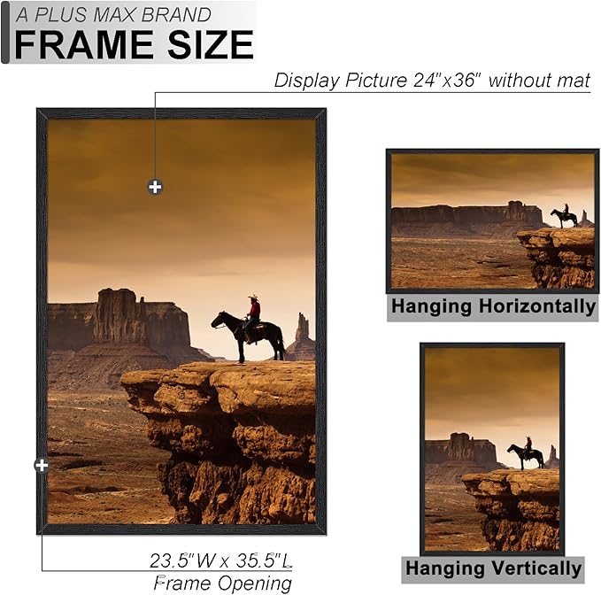 A PLUS MAX 24x36 Picture Frame, Black Engineered Wood Frame for 24 x 36 Inch Picture Poster Photo, Light Weight 24 by 36 Frame with Wood-grain for Wall - 1 Pack/Black/24 x36