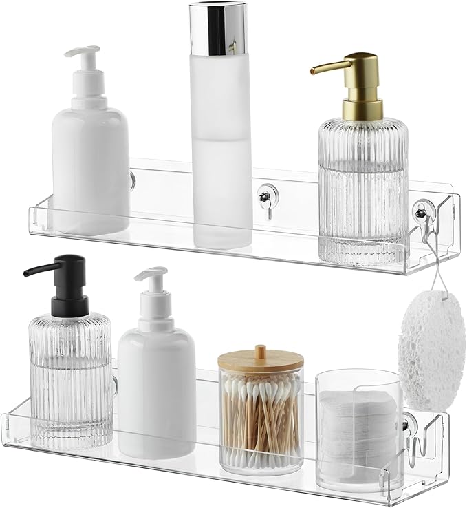 Navaris Clear Acrylic Shower Shelves (Set of 2) - Stick On or Screw Mount Adhesive Shelves for Bathroom - No Drilling or Nails Thin Plastic Wall Shelf