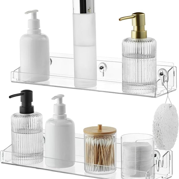 Navaris Clear Acrylic Shower Shelves (Set of 2) - Stick On or Screw Mount Adhesive Shelves for Bathroom - No Drilling or Nails Thin Plastic Wall Shelf