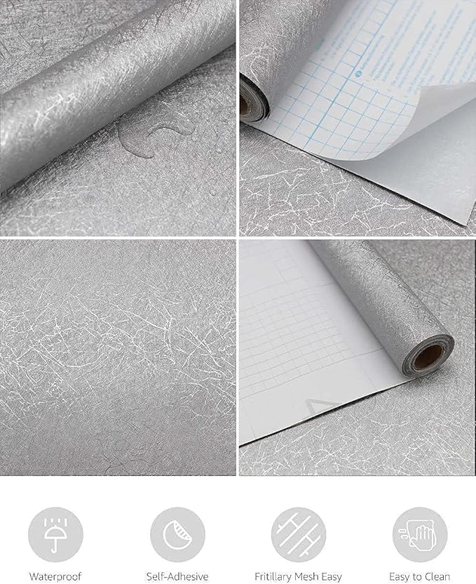 Abyssaly 15.7 inch X 118 inch Silver Grey Wallpaper Embossed Self Adhesive Peel and Stick Removable Home Decoration Vinyl Cabinet Countertops Furniture Countertop Solid Color Shelf Paper Silk