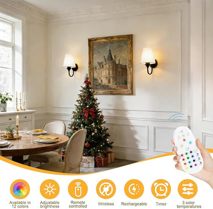 Battery Operated Wall Sconces Set of 2, Black 10000mAh Rechargeable Dimmable LED Bulb, 15 Colors & Remote, with Fabric for Bedroom Living Room Hallway Staircase Decor