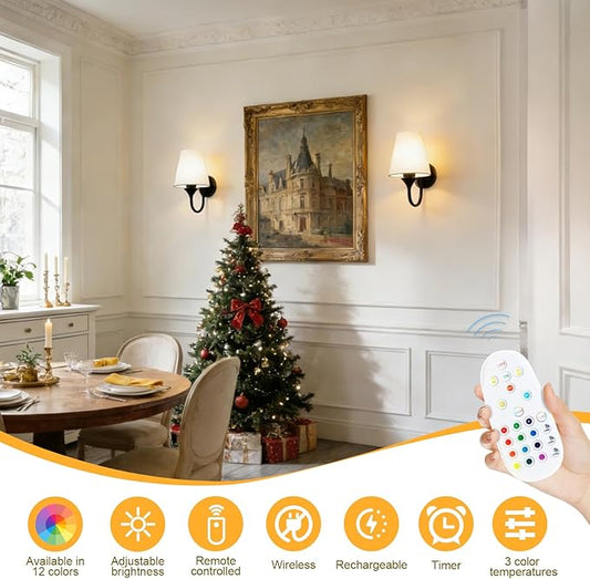 Battery Operated Wall Sconces Set of 2, Black 10000mAh Rechargeable Dimmable LED Bulb, 15 Colors & Remote, with Fabric for Bedroom Living Room Hallway Staircase Decor