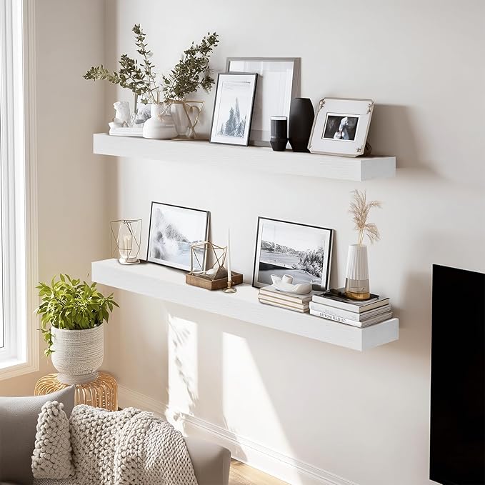 36x8x1.6 inch Floating Shelves Set of 2 – Solid Wood Rustic White Wall Mounted Shelf for Kitchen, Bathroom, Living Room