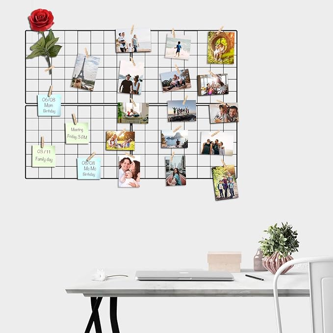 Wire Wall Grid Panel for Photo Display, DIY Iron Picture Frames Collage For Hanging Wall Decor, Foldable Multi Pictures Organizer with 12 Clips, 28'' X 22'' Inch.(2 Pack)