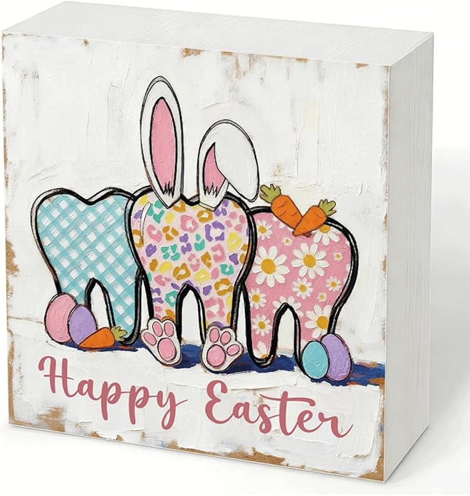 Easter Table Decorations Happy Easter Bunny Wooden Box Sign, Rustic Farmhouse Spring Centerpiece for Tables, Easter Desk Shelf Plaque Home Decor 5x5 Inch