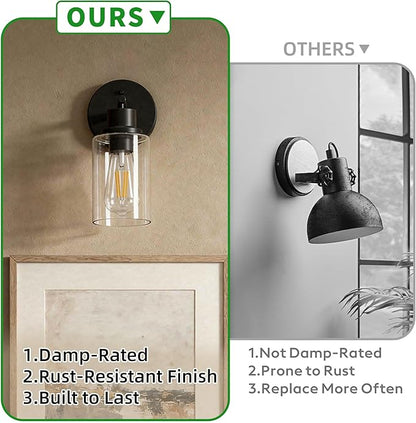 2-Pack Black Bathroom Wall Sconces, Modern Vanity Light Fixtures with Clear Glass Shade, 1-Light Wall Lamps Over Mirror for Bathroom, Bedroom, Hallway, Living Room