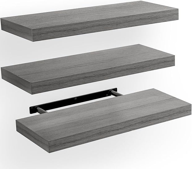 AMADA HOMEFURNISHING Floating Shelves, Wall Shelves for Bathroom/Living Room/Bedroom/Kitchen Decor, Grey Shelves with Invisible Brackets Set of 3 - AMFS07G