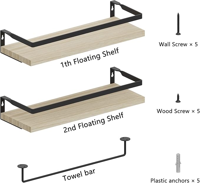 Home Decor Floating Shelves, Wall Shelves with Towel Bar, Bathroom Wall Decor, Floating Shelves Wood for Living Room/Kitchen/Bedroom, (Black-Natural) Floating Bathroom Shelves
