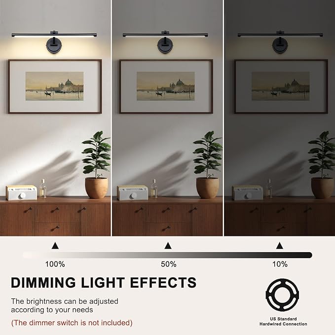 Hardwired 23.6 Inch 14W Black Picture Lights for Wall LED Picture Frame Light Dimmable Painting Lights for Wall Portrait Artwork Warm White