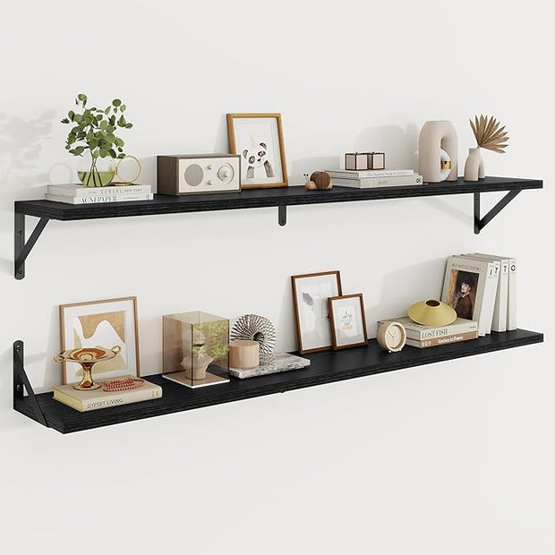 Floating Shelves, 8 Inch Deep Rustic Wood Wall Storage, 48W x 8D Wall Shelves Set of 2, Heavy Duty Metal Brackets, Industrial Book Shelf for Living Room, Kitchen, Bathroom, Bedroom, Black
