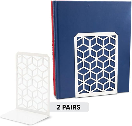 Geomod 3D Cube White Metal Bookends Decorative for Heavy Books - Sturdy Boho Book Stops - Minimal Book Shelf Stopper - Durable Office Bookends - Weighted Metal Book Holders - 7x4.75 Inches - 2 Pair