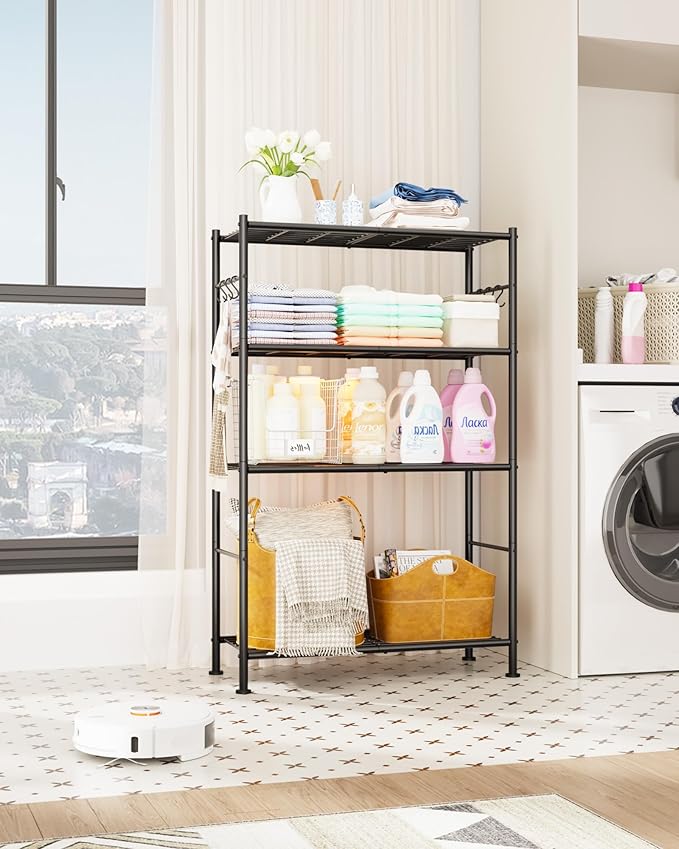 Storage Shelves - 4-Tier Spacious Shelf Organizer with Hooks & Leveling Feet, Easy to Assemble, Rust-Resistant Garage Shelving for Kitchen, Pantry, Bedroom, 33.2" x 12.7" x 57.3", Black