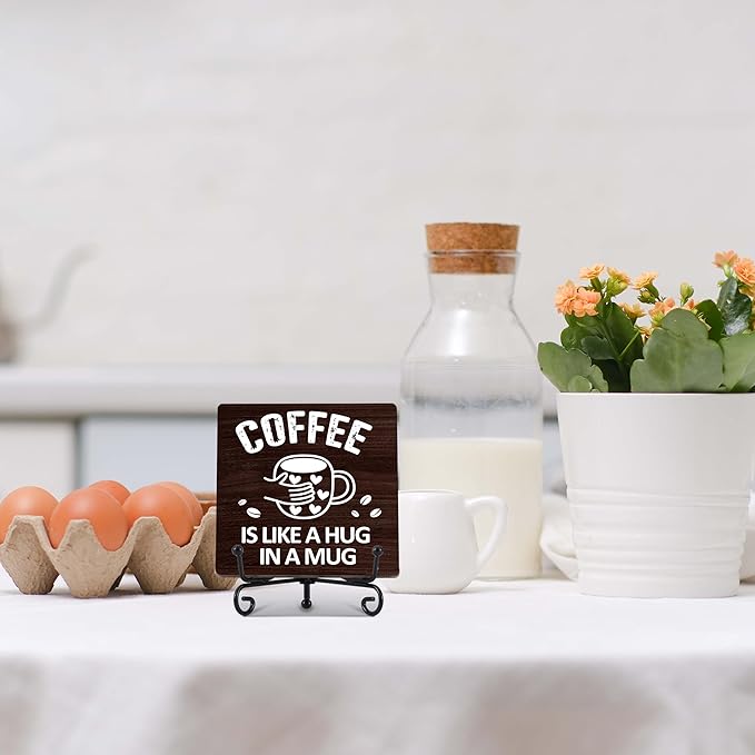 Coffee Bar Decor, Farmhouse Kitchen Table Decor, Coffee Station Accessories, Wooden Decorative Sign with Iron Stand for Table Desk Shelf Display-E17