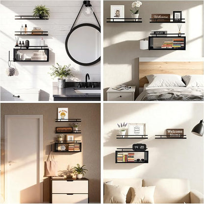 OurWarm Wood Floating Shelves for Wall Set of 3, Black Bathroom Shelves Over Toilet Organizer with Paper Towel Holder, Black Wall Shelves for Bedroom Kitchen Living Room Decor