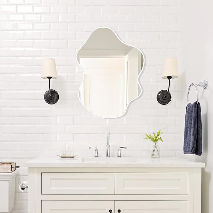 CULER Irregular White Bathroom Wall Mirror,22 x 30 Inch Asymmetrical Vanity Modern Tempered Glass Mirror for Bedroom,Living Room,Entryway