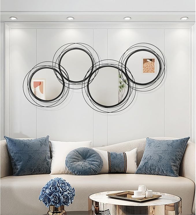 Black Wall Mirror Set, Metal Framed Round Mirror 4 Pack Circle Modern Decorative Mirrors for Living Room Bedroom Bathroom Entryway 20x40 Inch Home Decor