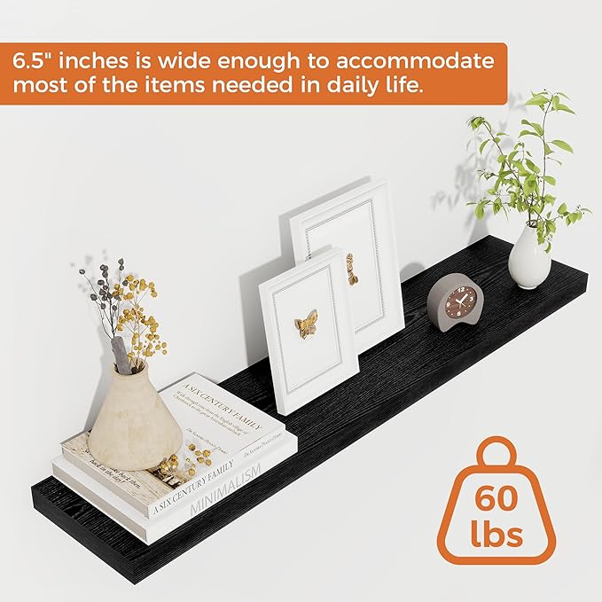 Fun Memories 32Inch Floating Shelves for Wall 2 Pack Wood Shelves for Kitchen, Bathroom, Bedroom Wall Mounted Rustic Wood Floating Shelf with Invisible Brackets for Books, Storage, Decor, Black