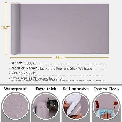 VEELIKE 15.7''x354'' Lilac Purple Contact Paper for Walls Cabinets Shelves Countertops Waterproof Thick Light Purple Peel and Stick Wallpaper Removable Self Adhesive Vinyl Decorative for Bedroom Desk