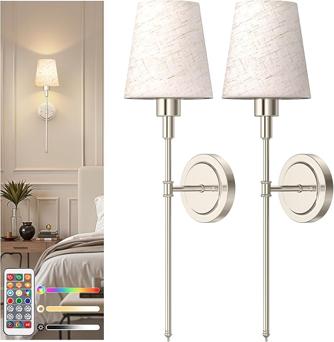 DORESshop Battery Operated Wall Sconce Set of 2, 7 Color Wireless Wall Light Easy to Install, Sconce Wall Decor Set of 2 for Bedroom, Living Room, Fabric Linen Shade, Nickel, 24.6in