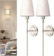 DORESshop Battery Operated Wall Sconce Set of 2, 7 Color Wireless Wall Light Easy to Install, Sconce Wall Decor Set of 2 for Bedroom, Living Room, Fabric Linen Shade, Nickel, 24.6in