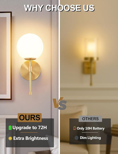 Battery Operated Wall Sconces Set of 2, Glass Globe Wireless Lights with Remote & Touch Control, Rechargeable Brushed Gold Sconce, 3 Color Dimmable Ambient Lighting for Bedroom Living Room