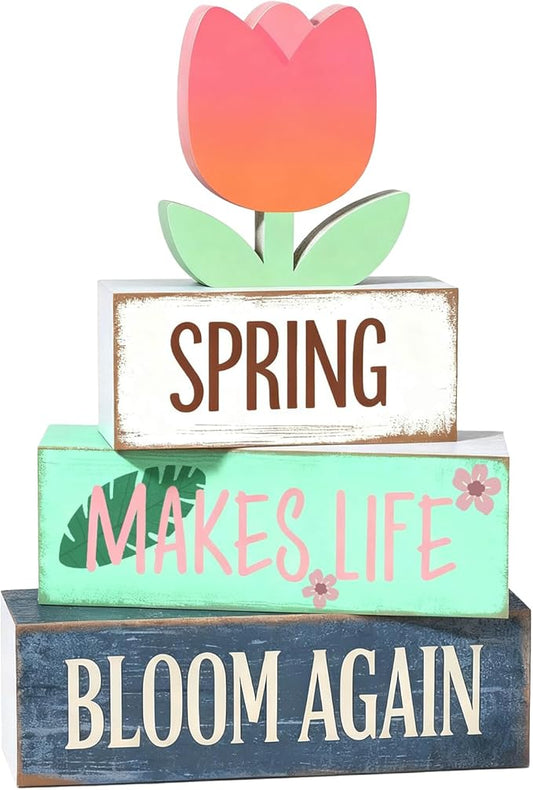 Spring Decoration For Home Wooden Tulip Tiered Tray Decor Spring Block Sign with Floral Farmhouse Tabletop Spring Decor Centerpiece for Tables Seasonal Home Easter Decor