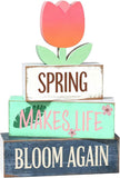 Spring Decoration For Home Wooden Tulip Tiered Tray Decor Spring Block Sign with Floral Farmhouse Tabletop Spring Decor Centerpiece for Tables Seasonal Home Easter Decor